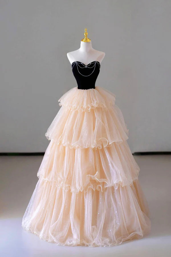 Wholesale Champagne Sweetheart Tulle Layers Long Party Dress Strapless A-Line Prom Dress